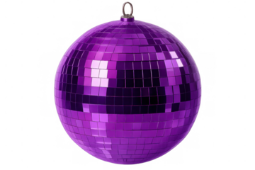 Glittering purple disco ball rotating, casting vibrant light reflections against transparent background, enhancing festive event graphics