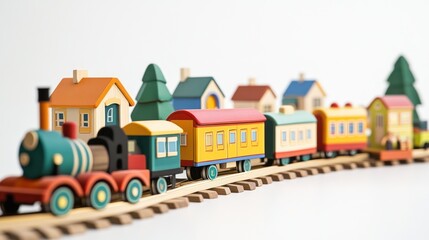 Colorful wooden toy train set with miniature houses and trees, arranged on a track against a white background.