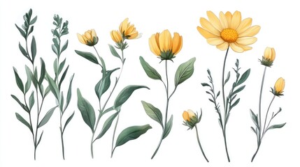 Watercolor illustration of various yellow flowers and green foliage, isolated on white.