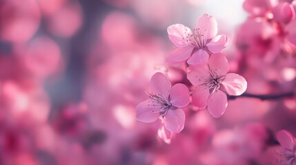 Close-up of delicate pink blossoms on a tree branch, bathed in soft, diffused light creating a dreamy, ethereal atmosphere.