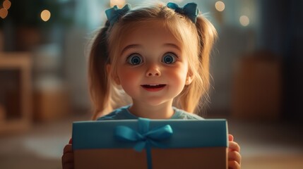A surprised little girl holding a gift box, Christmas lights in the background.