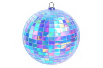 Vibrant disco ball spinning, casting kaleidoscopic light reflections against transparent backdrop, generating dynamic party atmosphere
