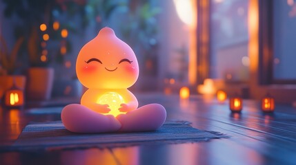 A cheerful, glowing lamp figurine meditates peacefully amidst soft candlelight.