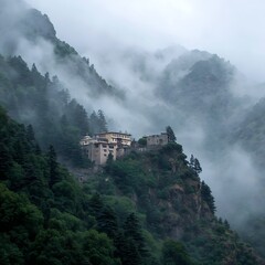 Mountain Monastery Surrounded by Foggy Forested Hillside in Misty Environment