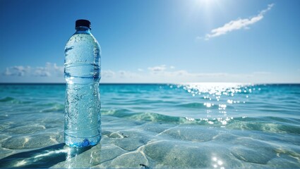 A bottle of freshwater before the vast saltwater ocean, costly drinking water - ai generated