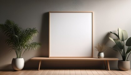 Minimalist aesthetic with a blank canvas frame centered on a clean wall, featuring ample negative space, creating a serene and modern visual perfect for art, design, and contemporary interiors