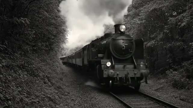 Powerful Steam Train Journey Through Dark Forest Black White