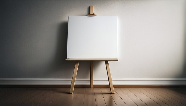 Minimalist aesthetic featuring a blank canvas frame centered on an easel against a clean wall with ample negative space, creating a modern, serene, and uncluttered artistic environment