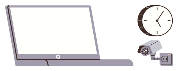 Laptop with blank screen next to a wall clock and CCTV camera. Ideal for time management, security, productivity, remote work, technology, surveillance, and monitoring. Clean simple flat metaphor