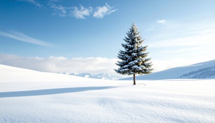Obraz premium Solitary Pine Tree Standing Tall Amidst a Vast, Pristine Snowy Landscape, Framed by Frosty Silence, Crisp Blue Skies, and Undisturbed White Snow in a Peaceful Winter Wilderness Scene