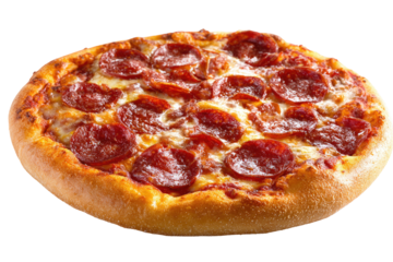 A perfectly round pepperoni pizza, showcasing a generous amount of slightly curled pepperoni slices atop melted cheese and a thin, golden-brown crust