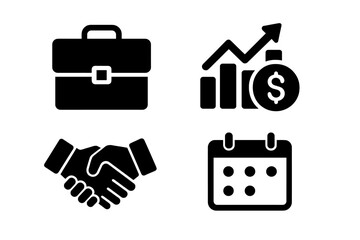 Business and finance glyph icon set. Vector solid pictograms of briefcase, investment growth chart, handshake deal, calendar schedule. Corporate success and management symbols.