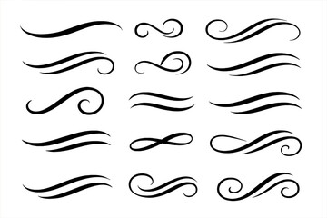 Black swooshes, swirls, text swashes. Vector typography elements on a white background. Text underline design set, decorative flourishes, artistic calligraphy ornaments collection.
