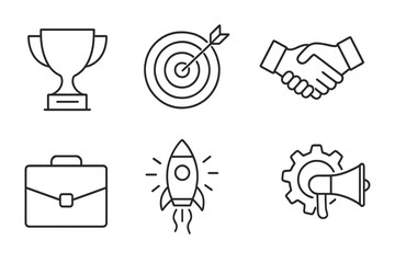 Business success and startup thin line icon set. Vector pictograms of trophy award, target goal, deal handshake, corporate briefcase, innovation rocket, and marketing megaphone.