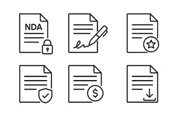Business contract and legal agreement document line icons, including NDA, digital signature, compliance, license, insurance, payment terms, upload and download symbols