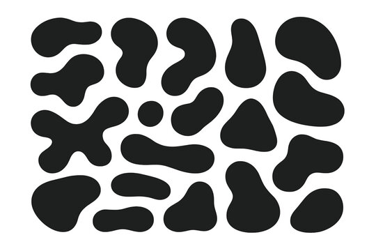 Set of abstract organic blob shapes. Modern minimal vector design elements. Irregular random amorphous liquid spots and fluid forms. Black graphic pattern on white background.