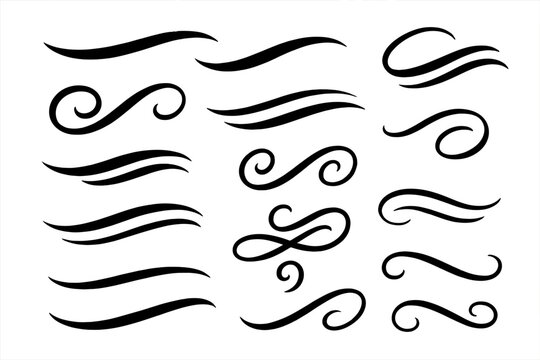 Elegant calligraphic swooshes, swirls, and swashes. Vector set of decorative text underlines, typographic flourishes, hand-drawn tails and line dividers for lettering.