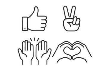 Hand Gesture Line Icons Set – Thumbs Up, Peace Sign, High Five, Heart Hands, Minimalist Vector Symbols for Communication, Social Media, Approval, Love, Friendship, Outline Illustration