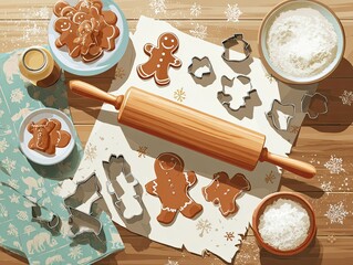 Flat  illustration of Christmas baking scene: rolling pin, cookie cutters, flour, and gingerbread men on a kitchen table, top-down view