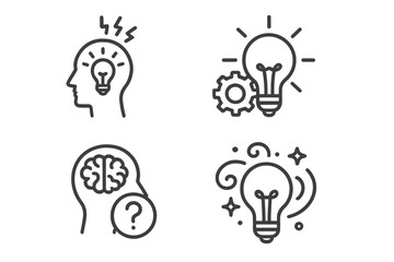 Creative Brainstorming and Innovation Line Icon Set. Vector Illustrations of Problem Solving, Abstract Thinking, Insight, Imagination, Idea Generation, Thin Linear Design
