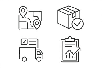 Logistics and Supply Chain Line Icon Set – Route Planning, Packaging, Freight Delivery, Proof of Delivery, Forecasting, Demand, Digital Documents, Thin Linear Vector Illustration