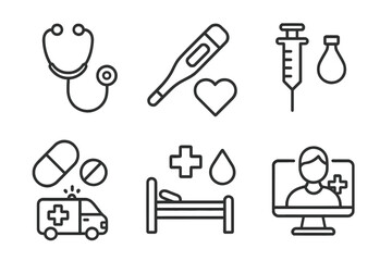 Obraz premium Medical healthcare line icon set with stethoscope, thermometer, syringe, pills, medicine, emergency ambulance, hospital bed, blood test, heart, and cross symbols.