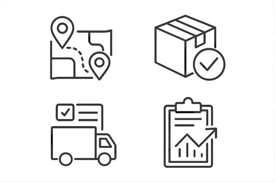 Logistics and Supply Chain Line Icon Set – Route Planning, Packaging, Freight Delivery, Proof of Delivery, Forecasting, Demand, Digital Documents, Thin Linear Vector Illustration