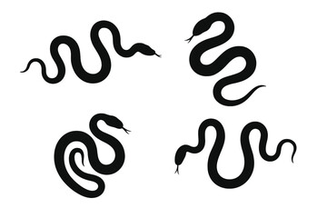 Snake silhouette set of 4, abstract snake vector illustrations, coiled and slithering snakes, black snake icons, reptile design elements, animal wildlife symbols, transparent background