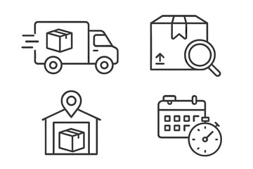 Shipping and Delivery Line Icons Set. Vector Pictograms of Fast Delivery Truck, Parcel Tracking, Warehouse Location, Calendar, Stopwatch. Thin Linear Logistics, Packaging, Fulfillment, Distribution