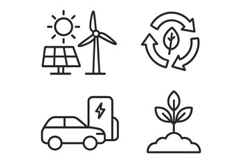 Sustainability and Eco-Friendly Line Icon Set of 4, Vector Pictograms of Renewable Energy, Recycling, Sustainable Transport, Organic Farming, Solar Panel, Wind Turbine