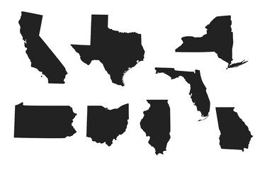 United States Map Vector Set Featuring Black Silhouettes of California, Texas, Florida, New York, Pennsylvania, Ohio, Illinois, Georgia. Iconic State Outlines for Travel, Education, Design