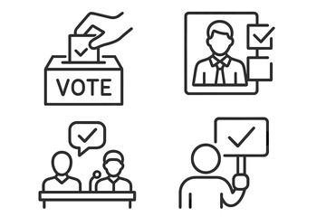 Voting and Election Line Icon Set &ndash; 4 Vector Pictograms of Democratic Processes, Civic Participation, Ballot Box, Candidate Selection, Debate, Voter Engagement, Checkmark Symbol