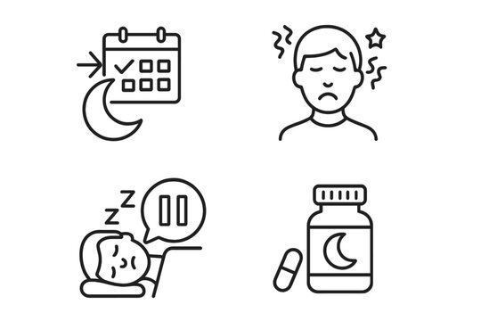 Sleep hygiene and nighttime health line icon set of 4, including vector icons of habits, sleep disorders, anxiety, apnea, supplements, schedules, and routines