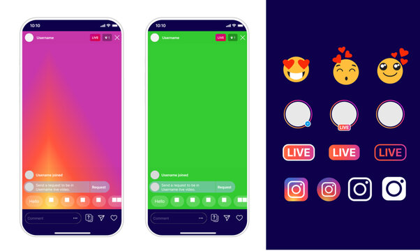 Mockup of mobile app with like live streaming. Interface photo frame design social media application network post template with flying multicolored hearts. Vector illustration for video chat, ui, web