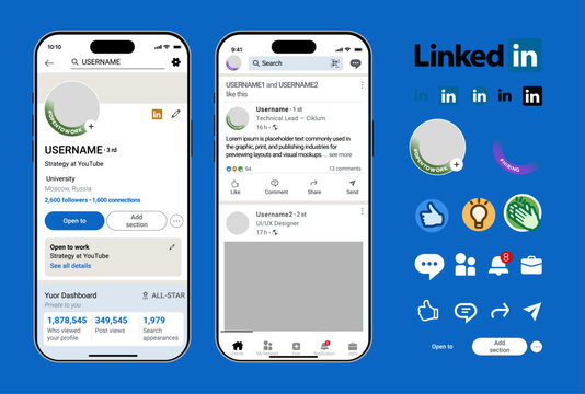 LinkedIn social media app template. iPhone 16e with LinkedIn mockup, LinkedIn template screen frame with shadow on dark and light color mode, User Interface mockup template. Smartphone.