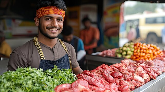 Smiling butcher at market stall.