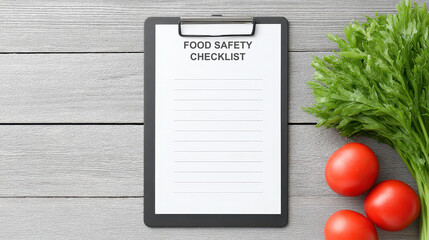 A clipboard with a food safety checklist is placed beside fresh vegetables and fruits, emphasizing the importance of food safety practices.