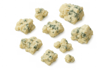 Crumbled blue cheese pieces falling against a transparent background, creating a dynamic and appetizing visual