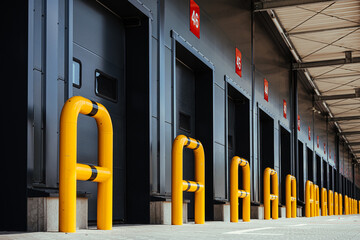 Loading docks with yellow safety barriers