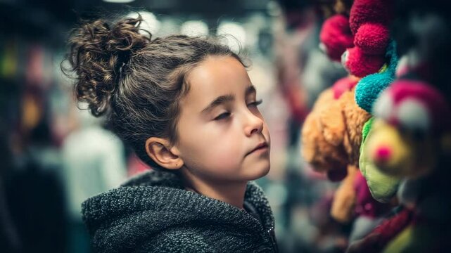 Young girl admiring colorful stuffed animals in a toy store during an afternoon shopping trip