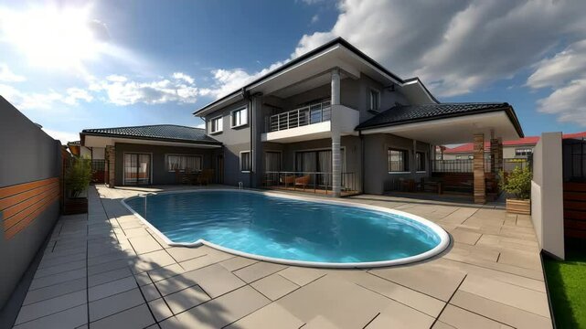 Beautiful modern house with pool and outdoor seating area under a blue sky in a suburban neighborhood