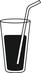 Simple black and white illustration of a glass with dark liquid and a straw