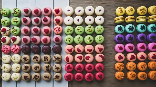 A colorful arrangement of various macarons. 