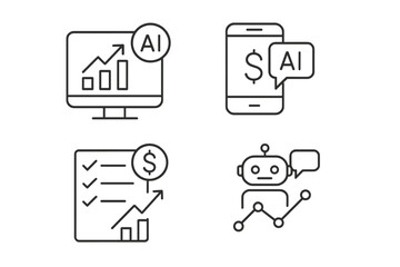 AI in finance line icon set. Fintech vector pictograms. Financial analytics, stock market prediction chart, mobile banking app, investment chatbot, budget checklist monitor.