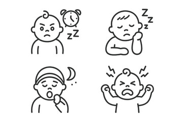 Baby sleep problems line icon set. Vector pictograms of infant awake, exhausted toddler, yawning child, sleeplessness, tantrum, soothing, meltdown. Thin linear illustration