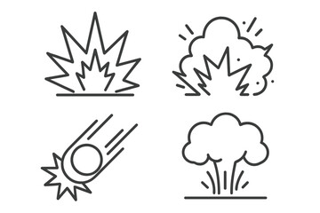 Explosion and Blast Icon Set – Linear Vector Illustrations of Burst, Detonation, Fireball, Shockwave, Meteor Impact, Chemical Explosion, Thin Line Design