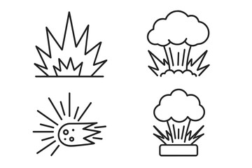 Fototapeta premium Explosion blast icon set, burst detonation fireball shockwave meteor chemical explosion, thin linear outline vector, explosive impact pictograms, energy burst, 4 illustrations