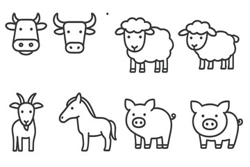 Farm animals line icon set, vector pictograms of cow, bull, sheep, lamb, goat, horse, pig, domestic and livestock animals, thin linear illustration, simple and clean vector design