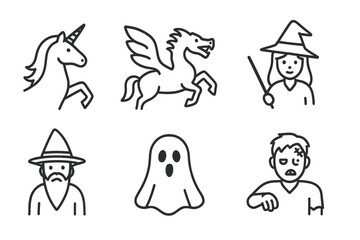 Fantasy creature line icon set, vector icons set of unicorn, pegasus, dragon, witch, wizard, ghost, vampire, zombie, mythical beings and monsters, fantasy characters