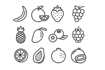 Fruits Line Icon Set, Vector Pictograms of Banana, Orange, Strawberry, Grapes, Pineapple, Mango, Blueberry, Raspberry, Lime, Kiwi, Papaya, Pomegranate, Coconut